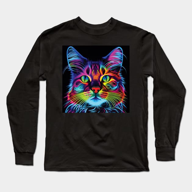 Cat in Neon Pinks, Blues and Yellows Long Sleeve T-Shirt by Geminiartstudio